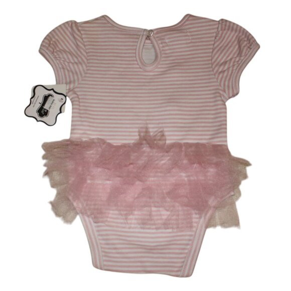 Mud Pie Pink and White Striped "Little Sister" Bodysuit with Tulle Ruffle 6 M - Picture 2 of 7